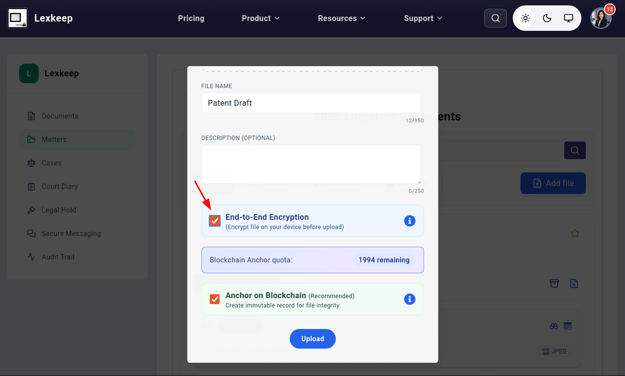Optional End-to-End encryption for file upload