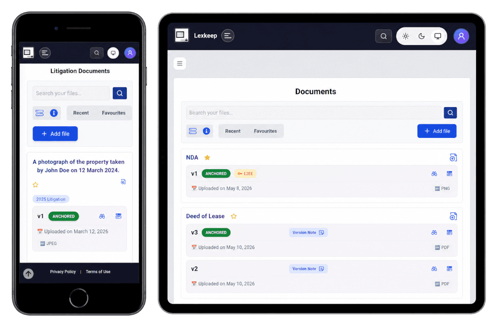 Shows Lexkeep Legal DMS responsive design that displays beautifully across various devices